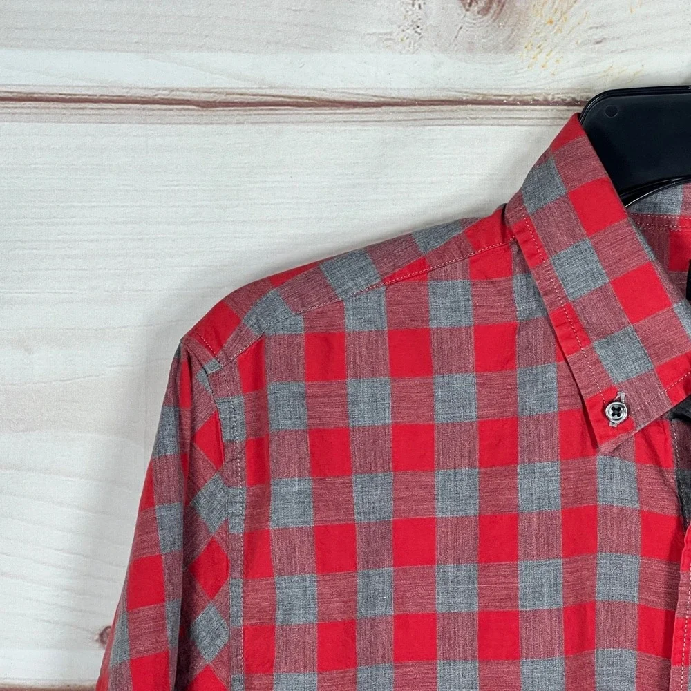 J Crew‎ Shirt Mens Medium Red Gray Check Button Up Cotton Long Sleeve Collared